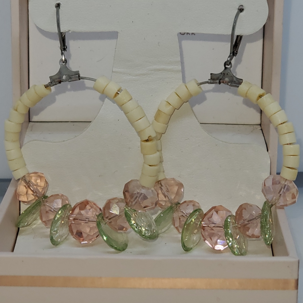 Antique bone, Pink/green Glass Bead Hoop Earrings